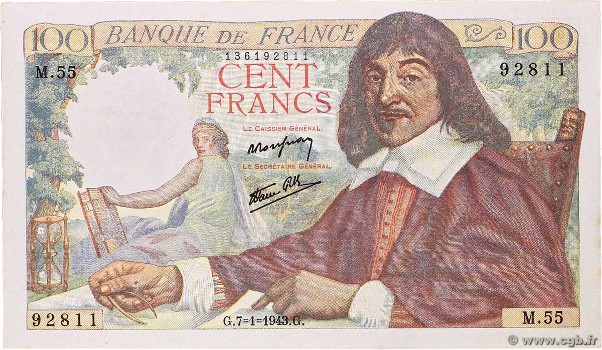 100 Francs DESCARTES FRANCE  1943 F.27.03 pr.SPL