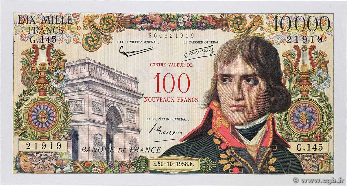 100 NF sur 10000 Francs BONAPARTE FRANCIA  1958 F.55.01 q.AU