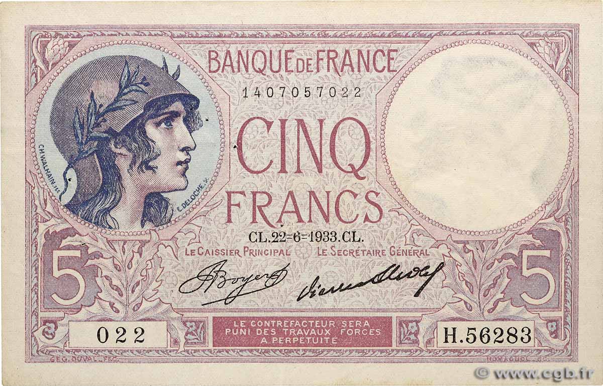 5 Francs FEMME CASQUÉE FRANKREICH  1933 F.03.17 fVZ