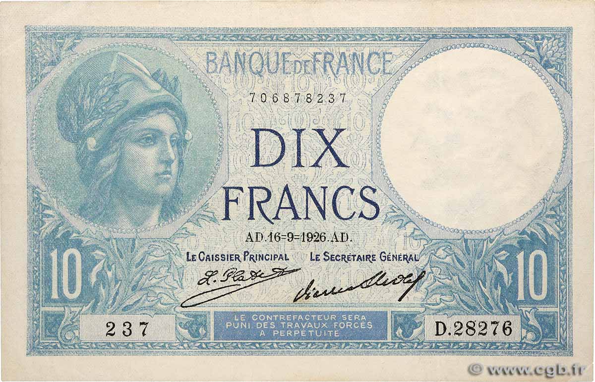 10 Francs MINERVE FRANKREICH  1926 F.06.11a fVZ