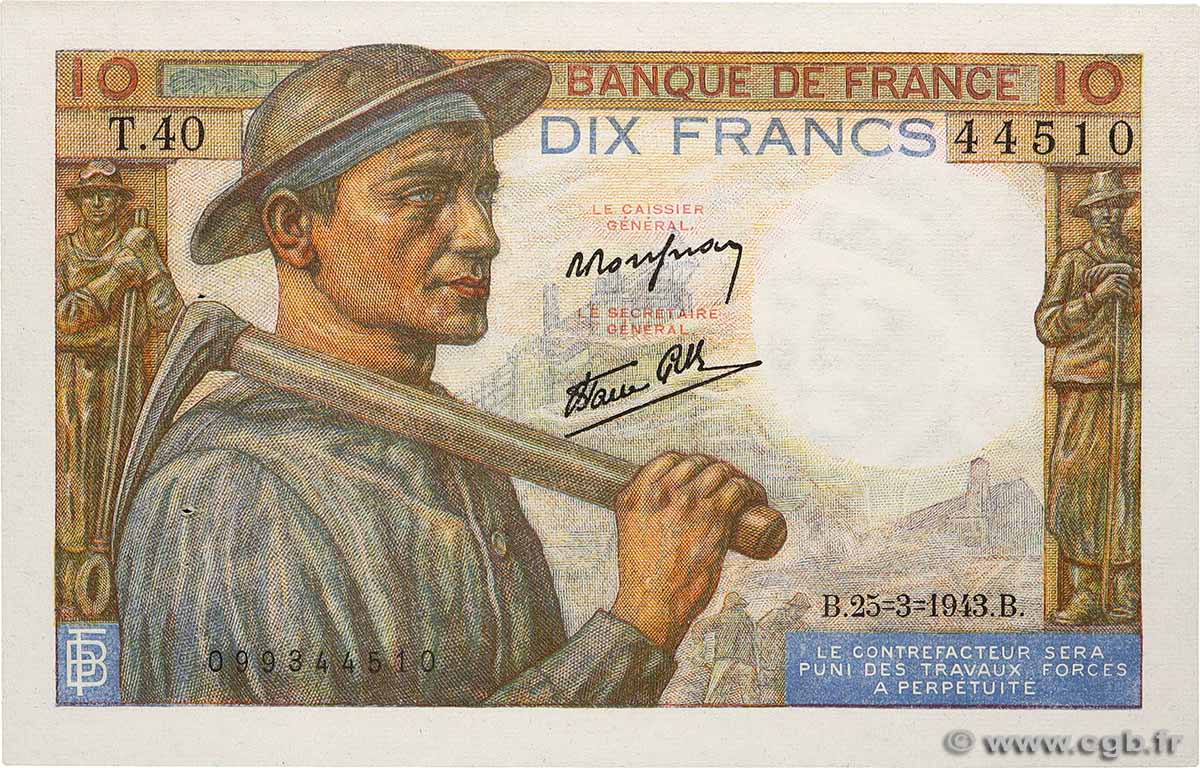 10 Francs MINEUR FRANKREICH  1943 F.08.08 fST