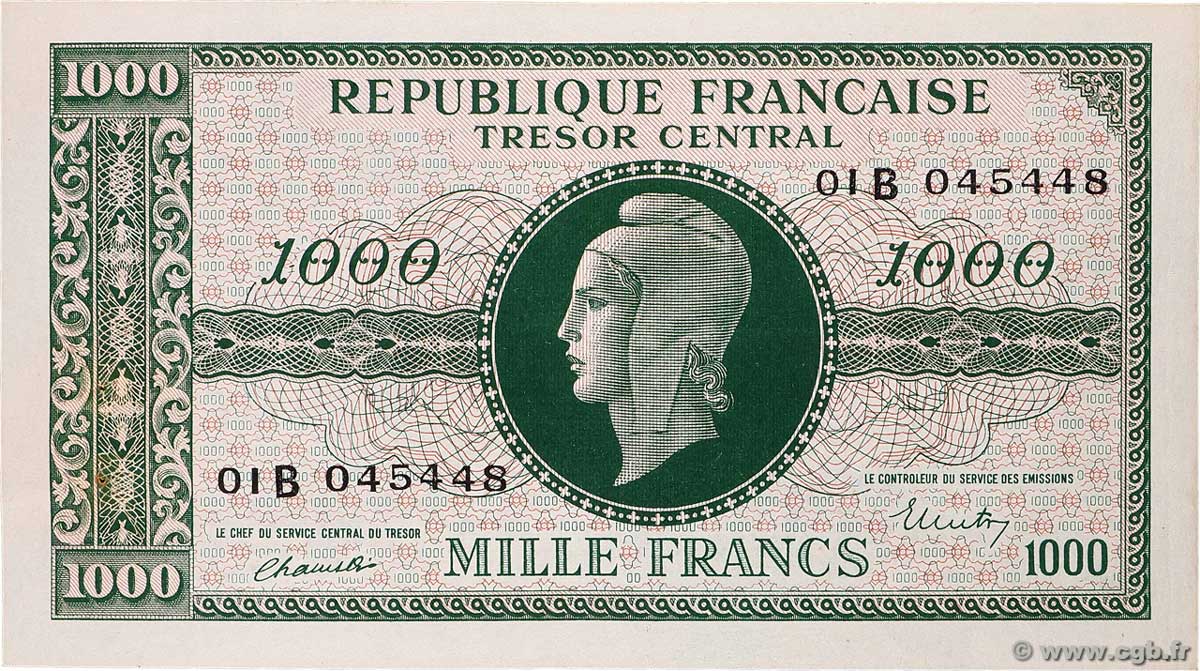 1000 Francs MARIANNE BANQUE D&nbsp;ANGLETERRE FRANCIA  1945 VF.12.02 SPL