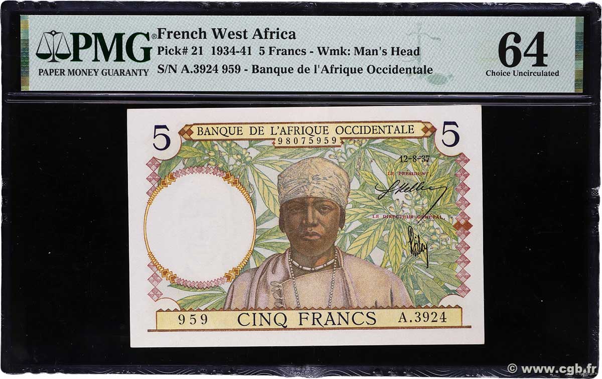5 Francs FRENCH WEST AFRICA  1937 P.21 q.FDC