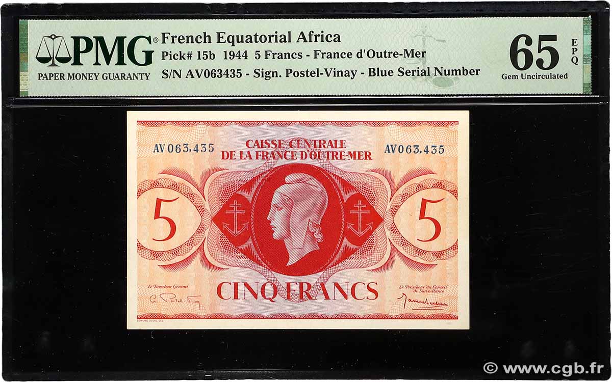 5 Francs Marianne CCFOM AFRIQUE ÉQUATORIALE FRANÇAISE  1944 A.124f NEUF