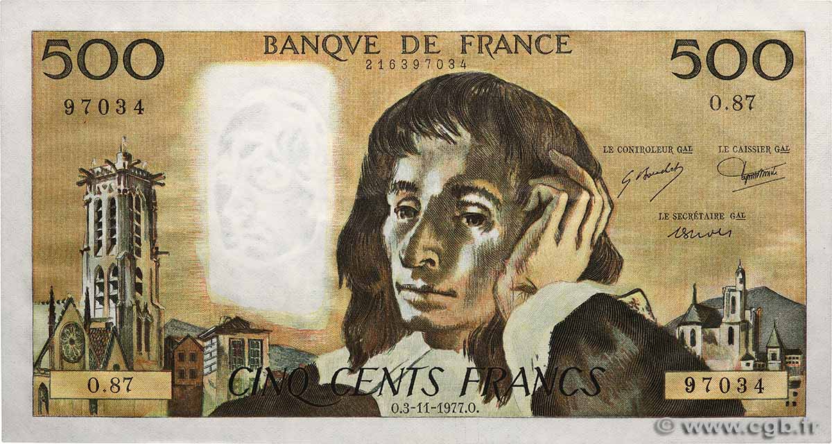 500 Francs PASCAL FRANKREICH  1977 F.71.17 VZ