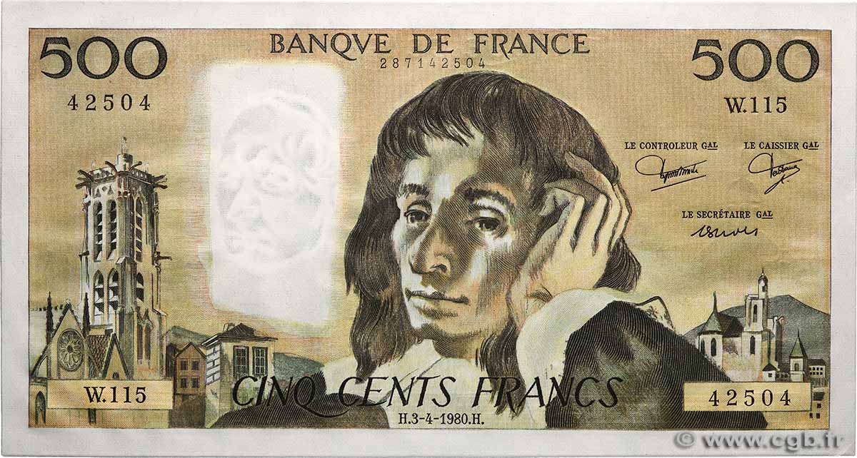 500 Francs PASCAL FRANKREICH  1980 F.71.21 fST+
