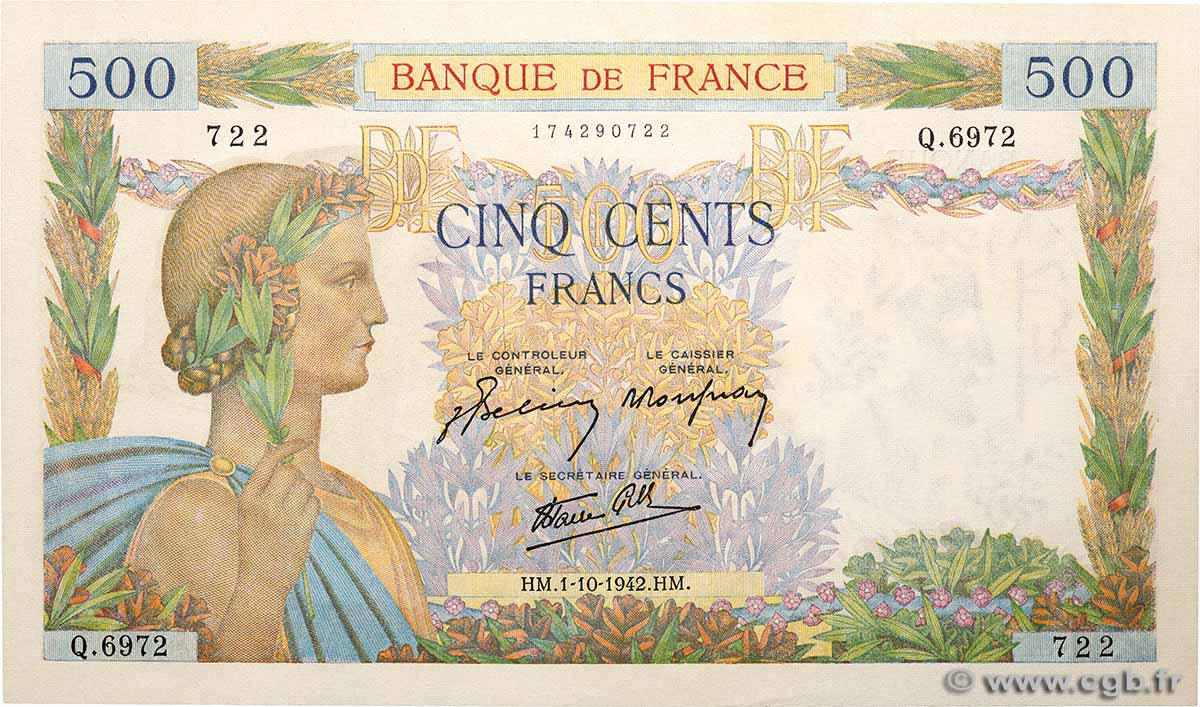 500 Francs LA PAIX FRANKREICH  1942 F.32.41 fST+