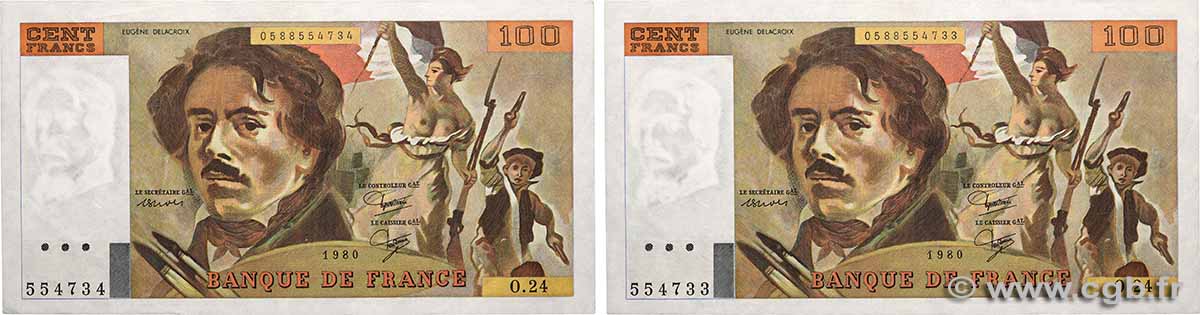 100 Francs DELACROIX modifié Lot FRANCIA  1980 F.69.04a SPL