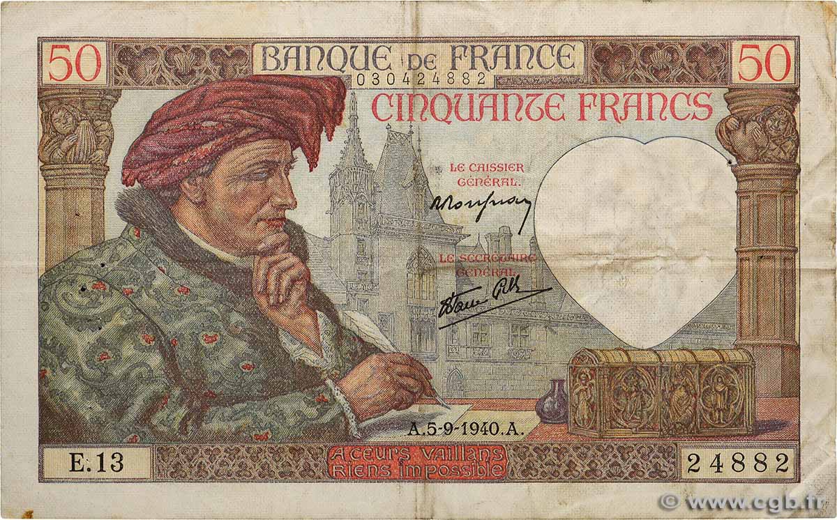 50 Francs JACQUES CŒUR FRANCIA  1940 F.19.02 MB