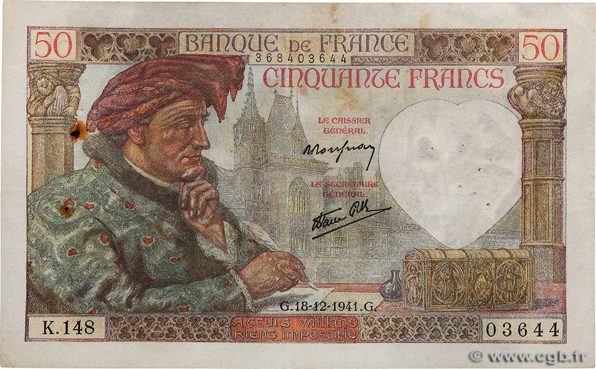 50 Francs JACQUES CŒUR FRANCIA  1941 F.19.17 q.BB
