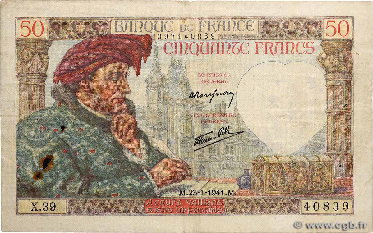 50 Francs JACQUES CŒUR FRANCIA  1941 F.19.05 MB