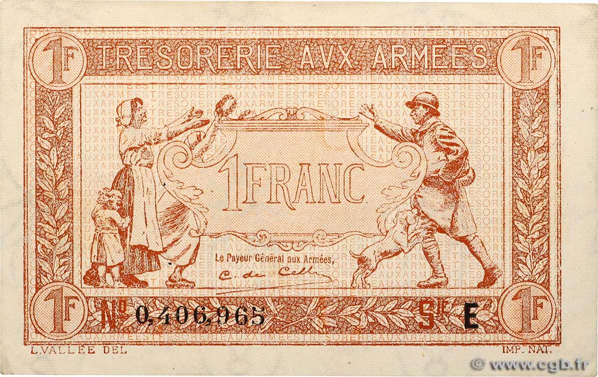 1 Franc TRÉSORERIE AUX ARMÉES 1917 FRANKREICH  1917 VF.03.05 VZ