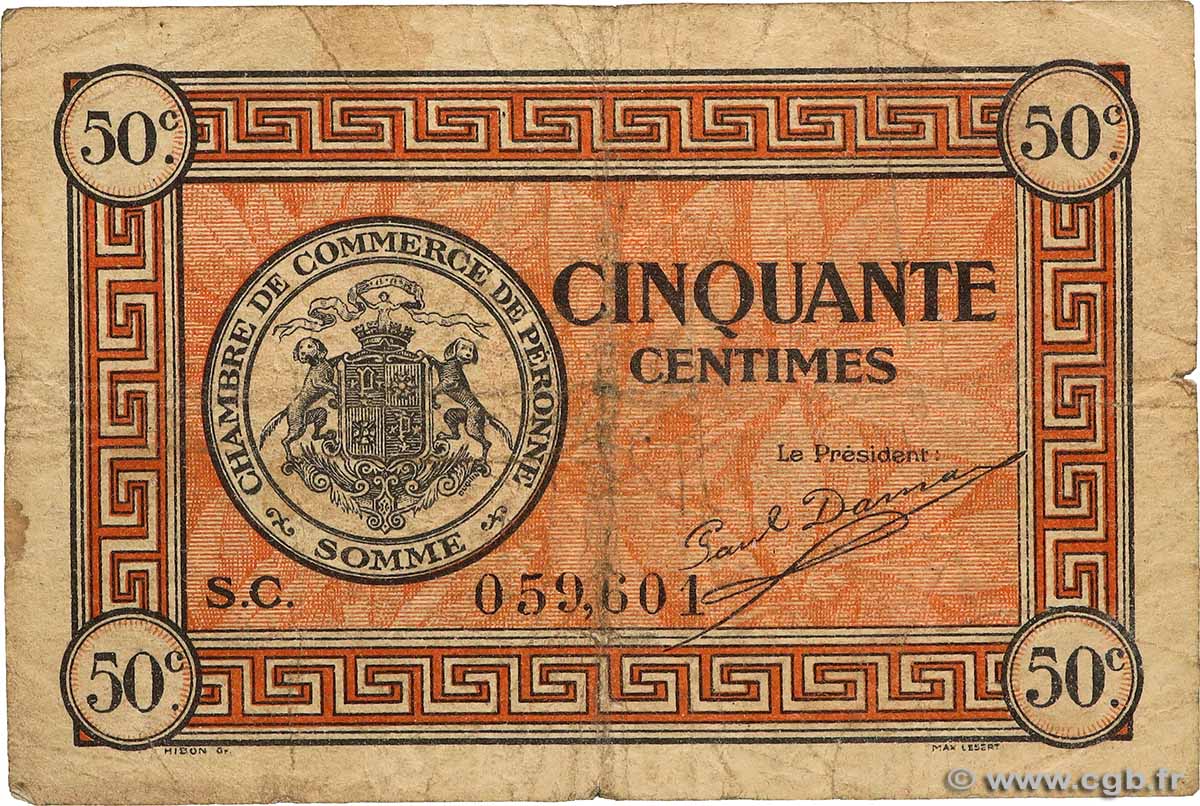 50 Centimes FRANCE regionalismo e varie Péronne 1920 JP.099.01 q.MB