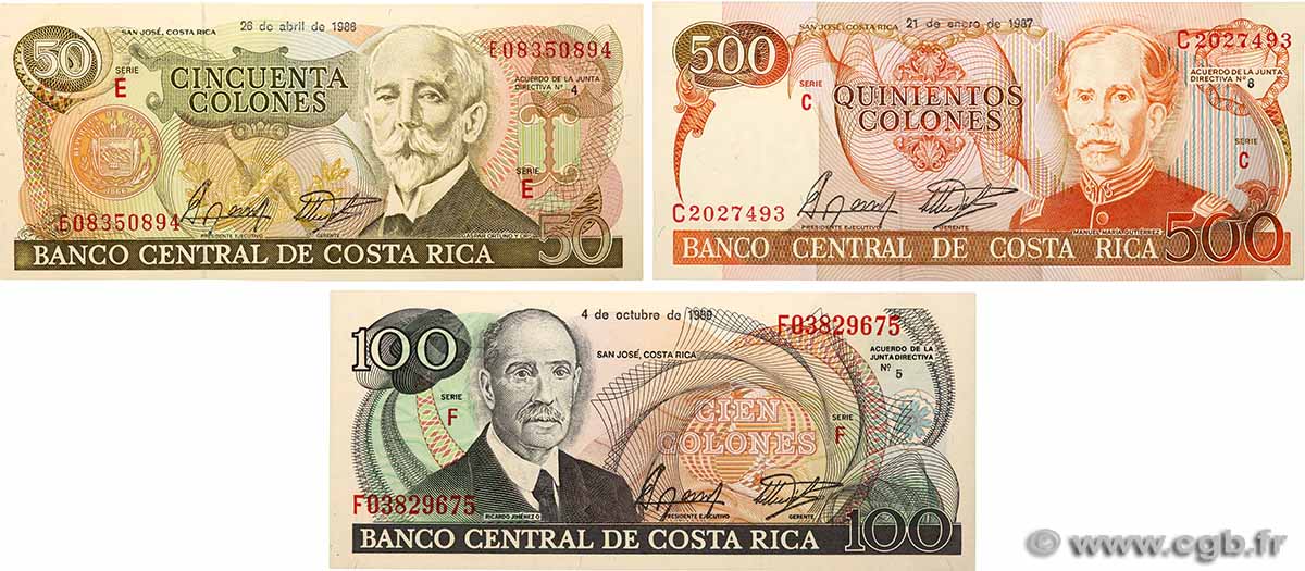 50, 100 et 500 Colones Lot COSTA RICA  1987 P.253, P.254a et P.255 SUP+