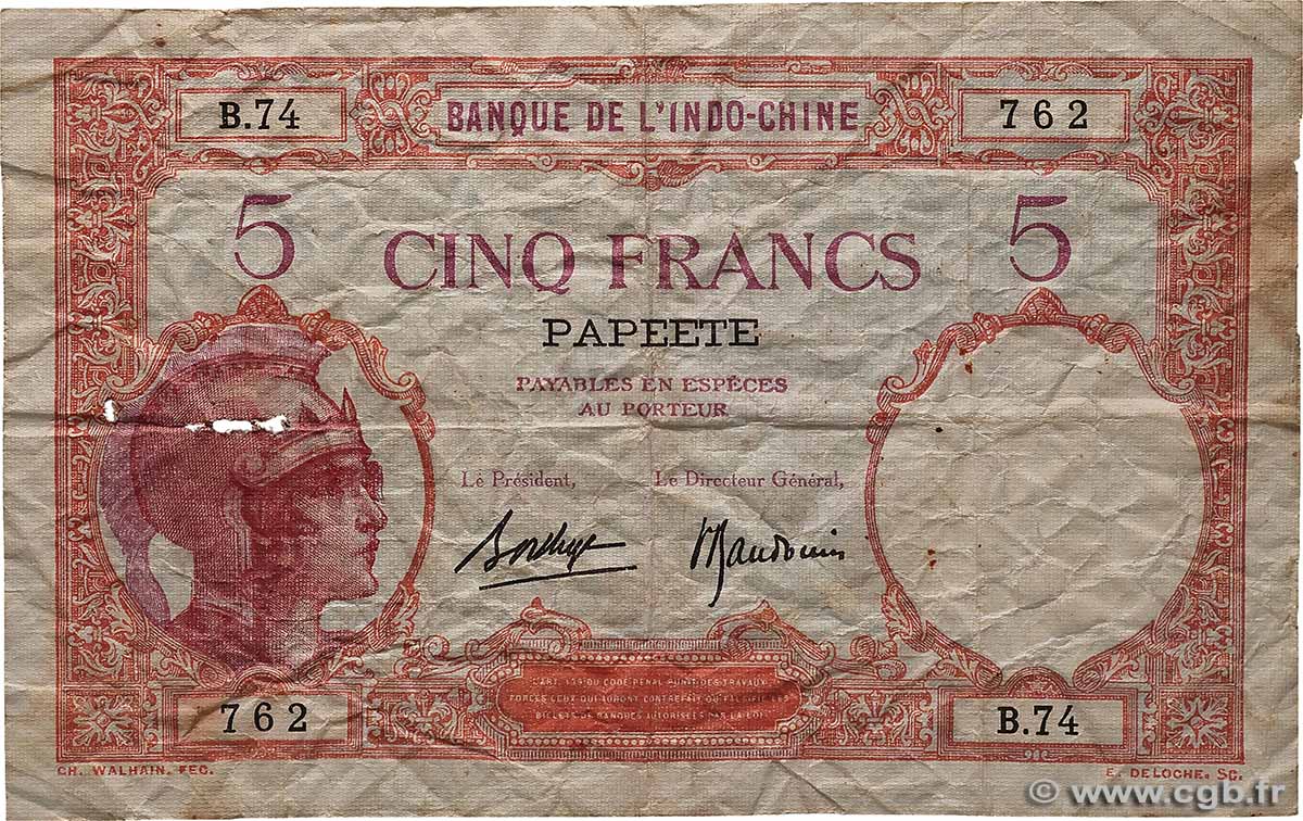 5 Francs TAHITI  1930 P.11c B
