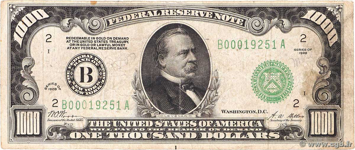 1000 Dollars UNITED STATES OF AMERICA New York 1928 P.426 VG