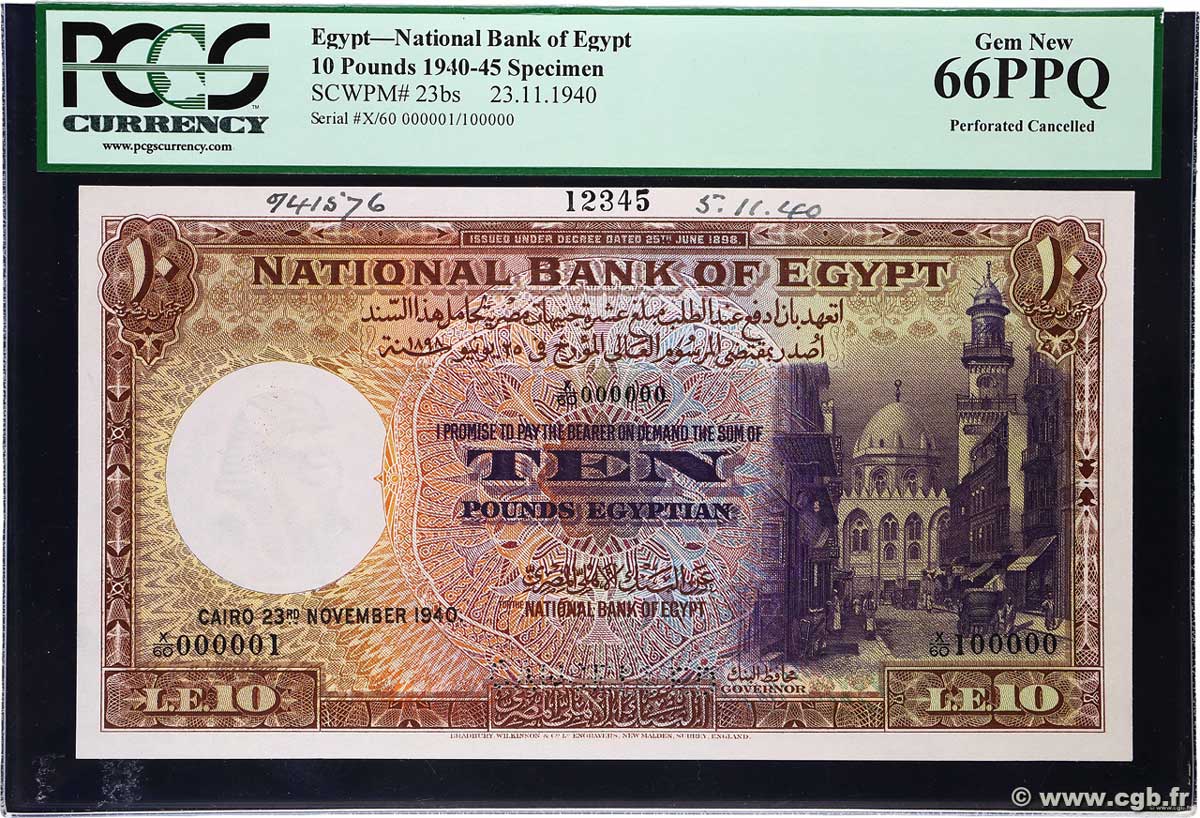 10 Pounds Spécimen EGYPT  1940 P.023bs UNC