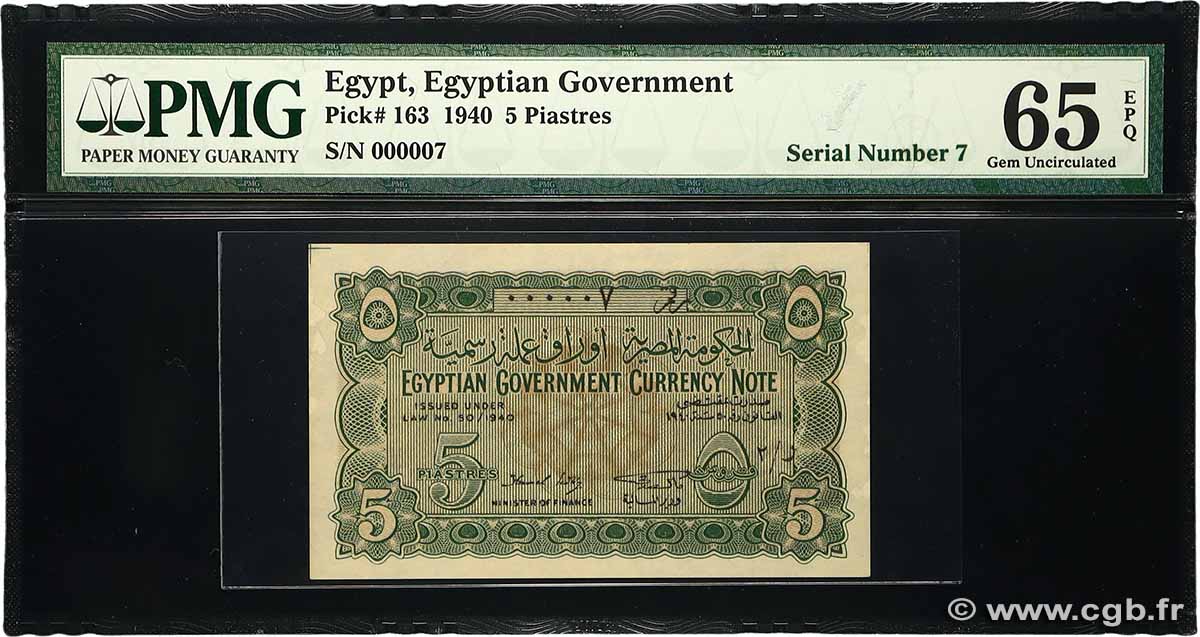 5 Piastres Petit numéro ÉGYPTE  1940 P.163 NEUF