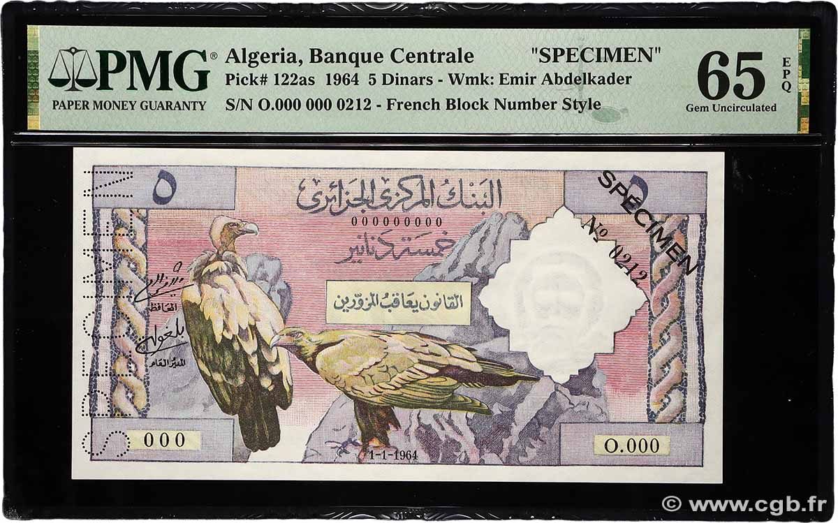 5 Dinars Spécimen ALGERIEN  1964 P.122s ST