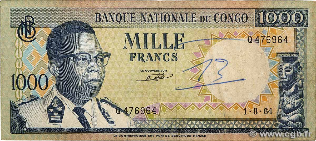 1000 Francs RÉPUBLIQUE DÉMOCRATIQUE DU CONGO  1964 P.008a TB