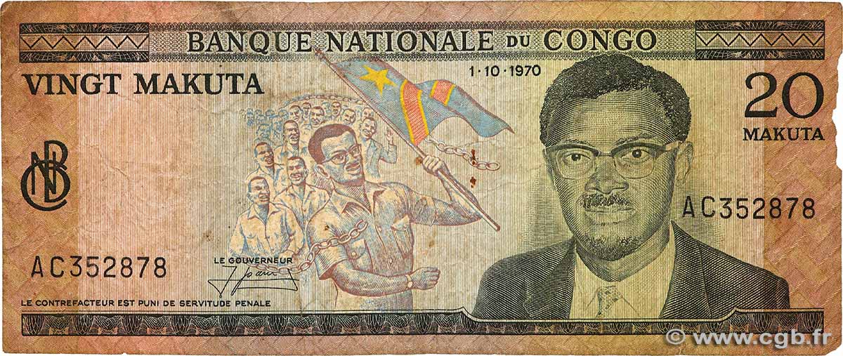 20 Makuta RÉPUBLIQUE DÉMOCRATIQUE DU CONGO  1970 P.010b B