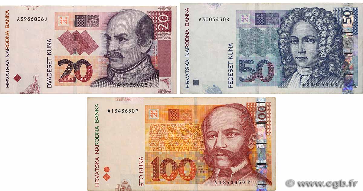 20, 50 et 100 Kuna Lot CROATIE  2001 P.39a, P.40 et P.41 TB+