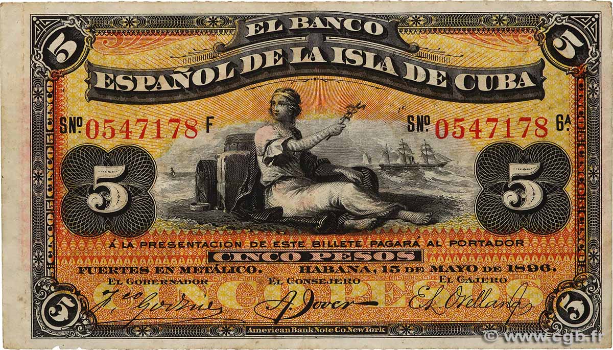 5 Pesos CUBA  1896 P.048b pr.SUP