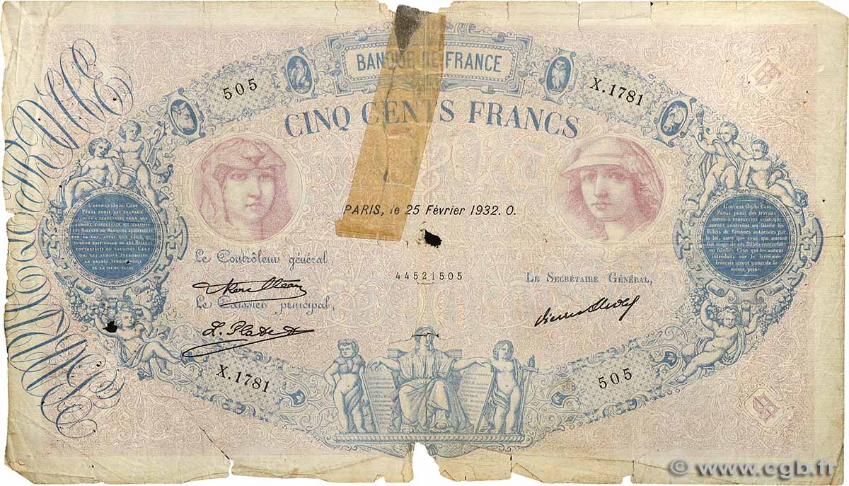 500 Francs BLEU ET ROSE FRANCE  1932 F.30.35 AB