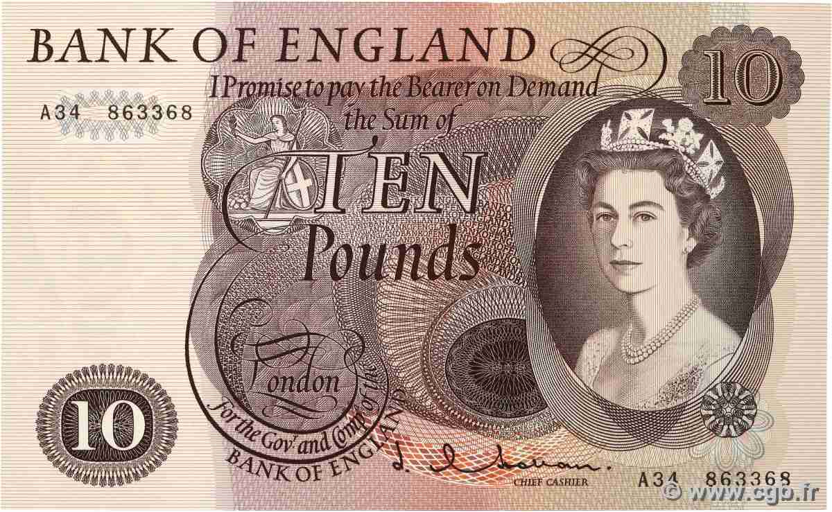 10 Pounds ENGLAND  1964 P.376a UNC-