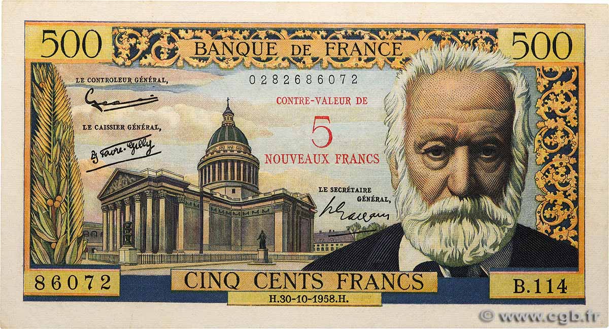 5 NF sur 500 Francs Victor HUGO FRANCE  1958 F.52.01 VF-