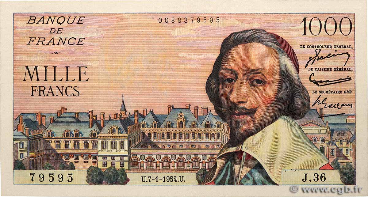 1000 Francs RICHELIEU FRANCE  1954 F.42.04 XF+
