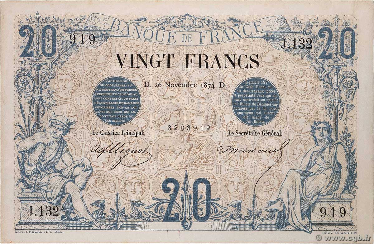 20 Francs NOIR FRANCE  1874 F.09.01 XF-