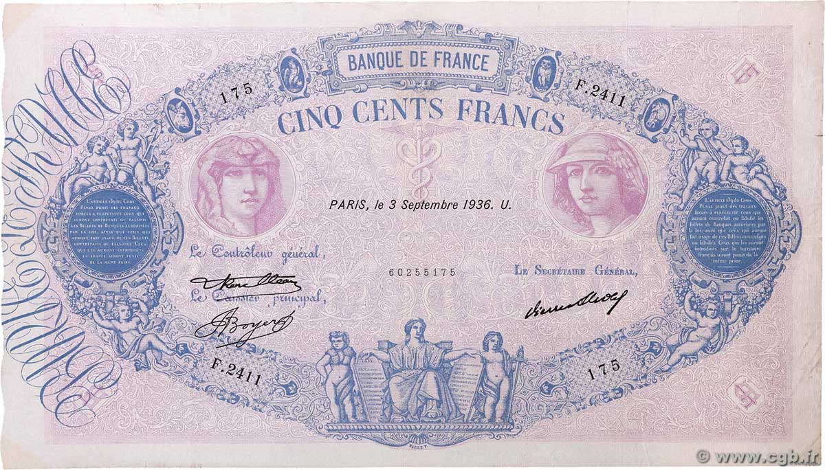 500 Francs BLEU ET ROSE FRANCE  1936 F.30.37 VF+