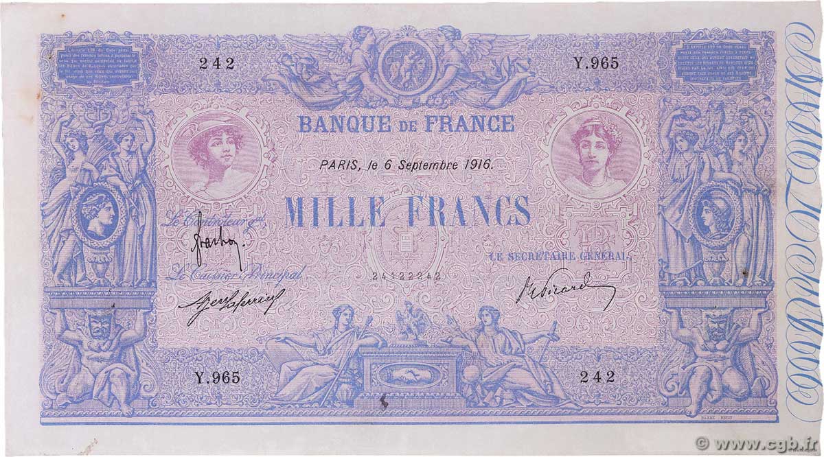 1000 Francs BLEU ET ROSE FRANCE  1916 F.36.30 VF+