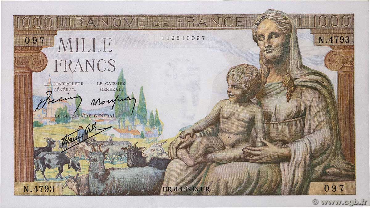 1000 Francs DÉESSE DÉMÉTER FRANCE  1943 F.40.21 UNC-