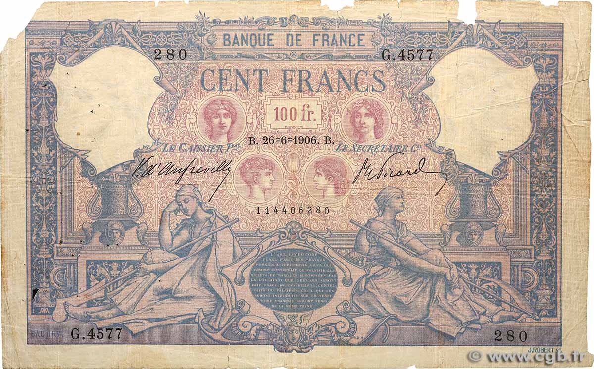 100 Francs BLEU ET ROSE FRANCE  1906 F.21.20 G