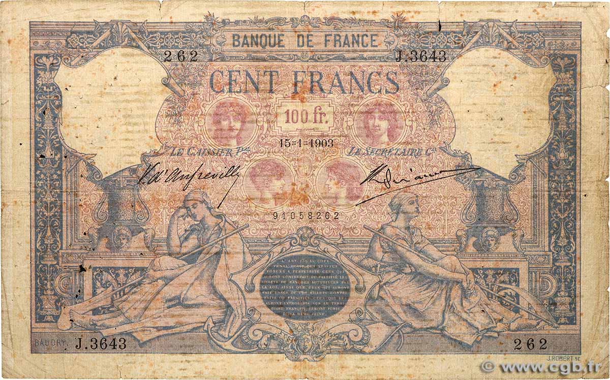 100 Francs BLEU ET ROSE FRANCE  1903 F.21.17 G