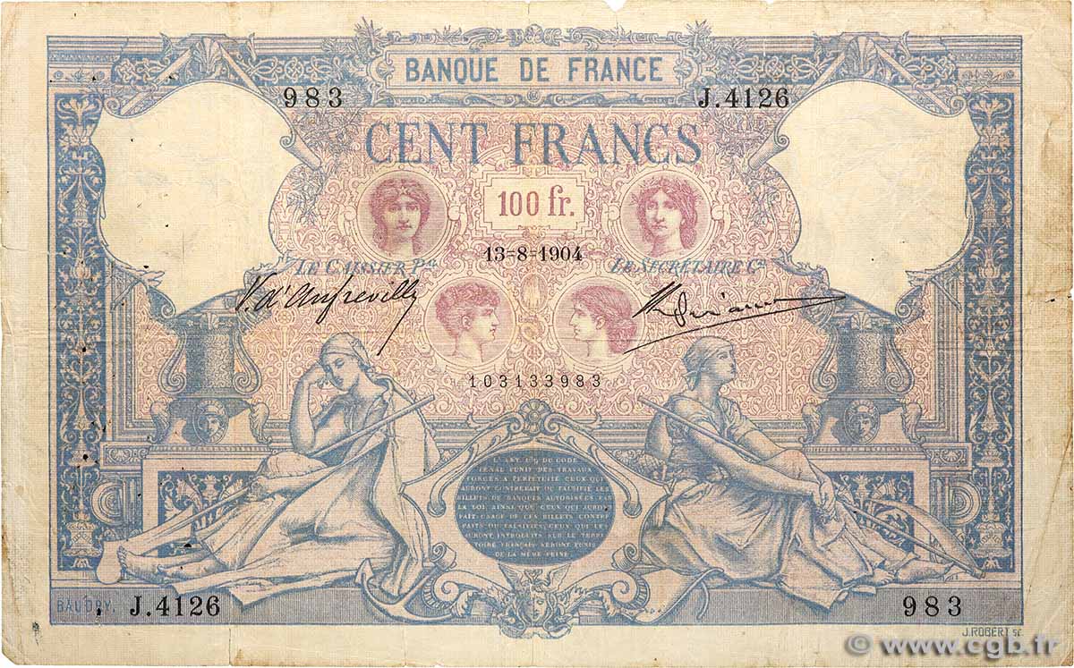 100 Francs BLEU ET ROSE FRANCE  1904 F.21.18 B