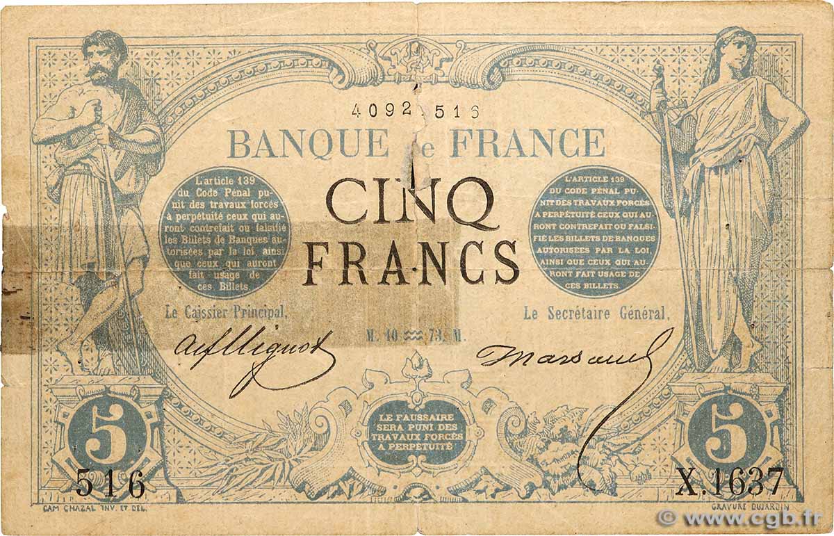 5 Francs NOIR FRANCE  1873 F.01.14 B