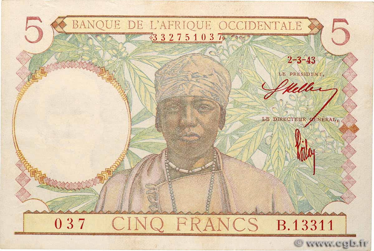 5 Francs FRENCH WEST AFRICA  1943 P.26 VF+