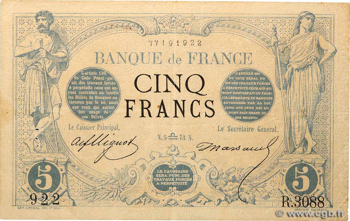 5 Francs NOIR FRANCE  1873 F.01.22 TB+