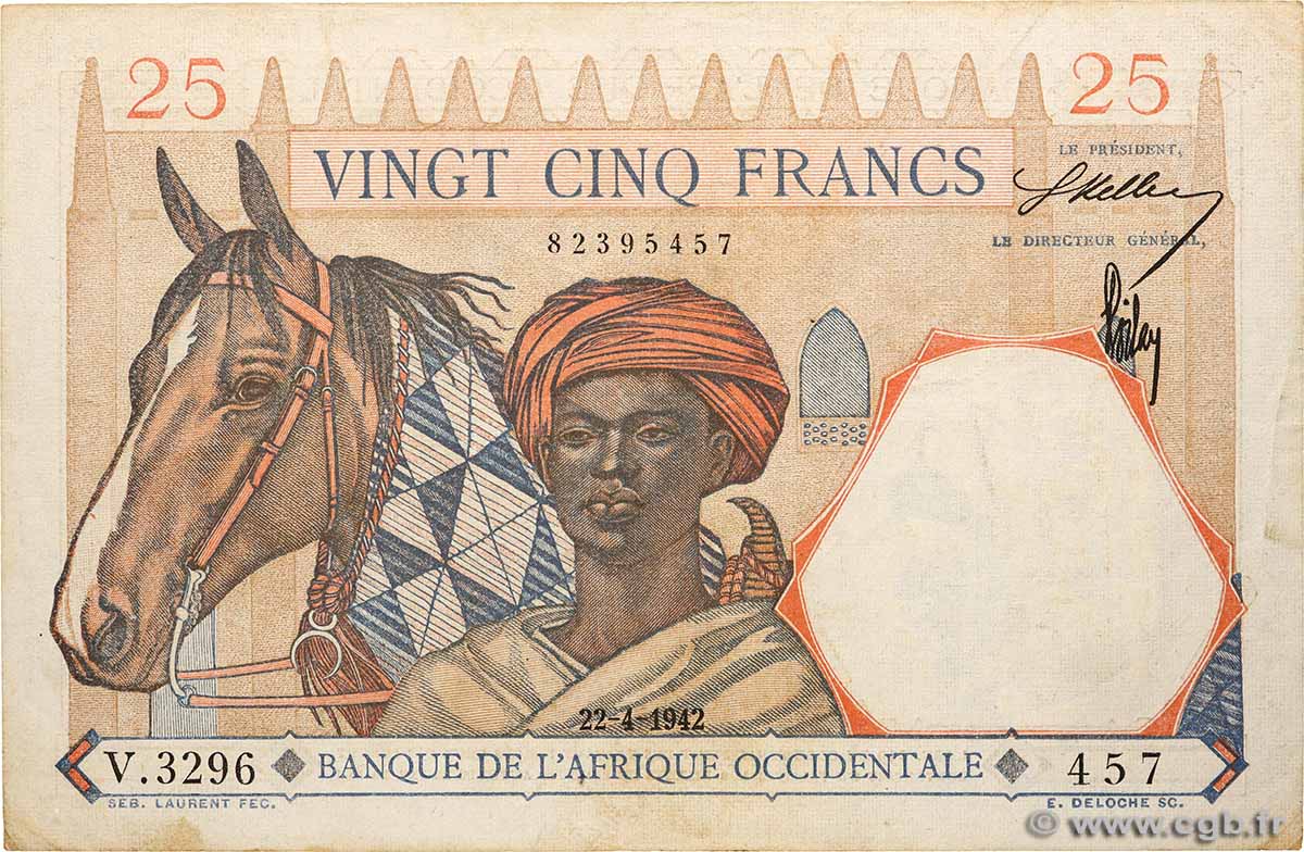 25 Francs FRENCH WEST AFRICA  1942 P.27 VF