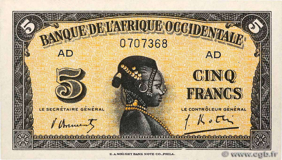 5 Francs  FRENCH WEST AFRICA  1942 P.28b EBC