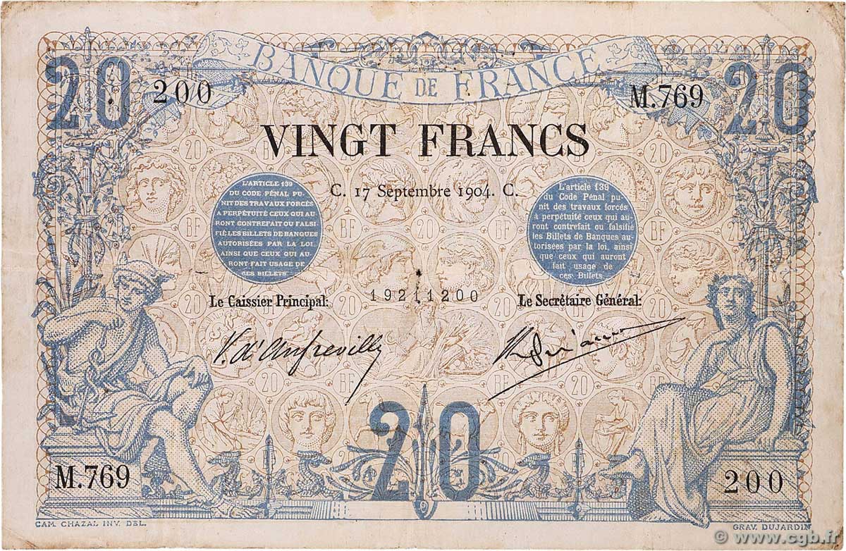 20 Francs NOIR FRANCE  1904 F.09.03 TB