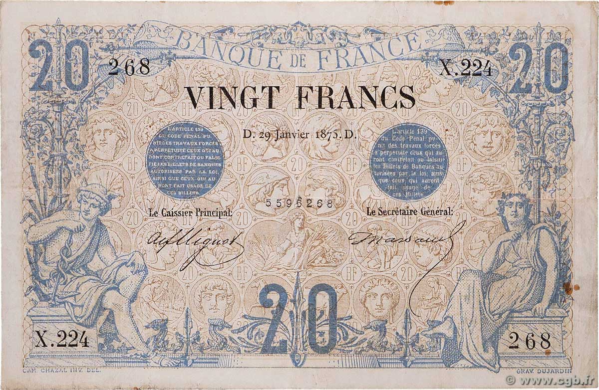 20 Francs NOIR FRANCIA  1875 F.09.02 q.BB