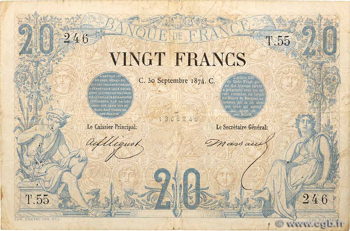 20 Francs NOIR FRANCE  1874 F.09.01 pr.TB
