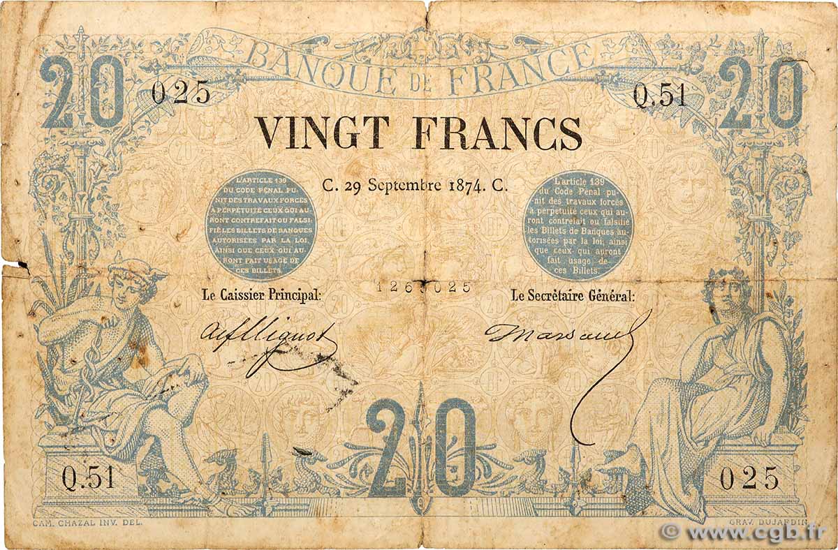 20 Francs NOIR FRANCE  1874 F.09.01 G