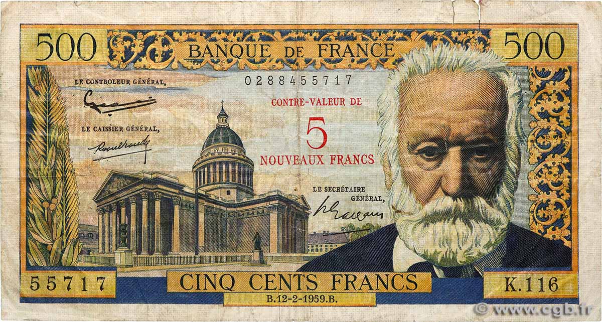 5 NF sur 500 Francs Victor HUGO FRANCE  1959 F.52.02 B+