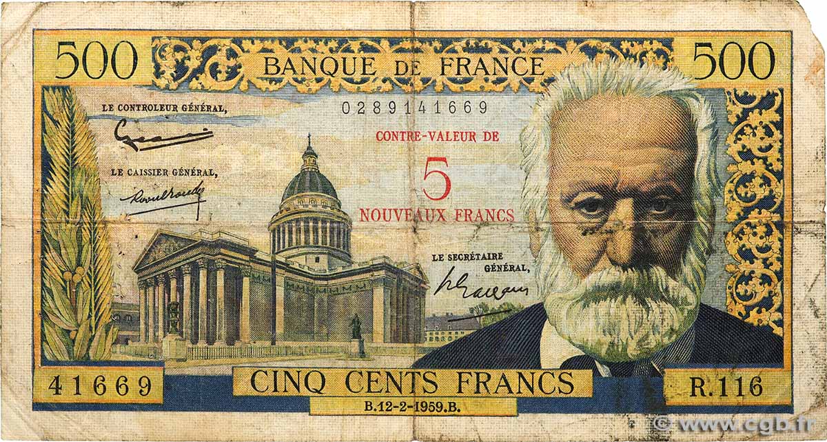 5 NF sur 500 Francs Victor HUGO FRANCE  1959 F.52.02 B