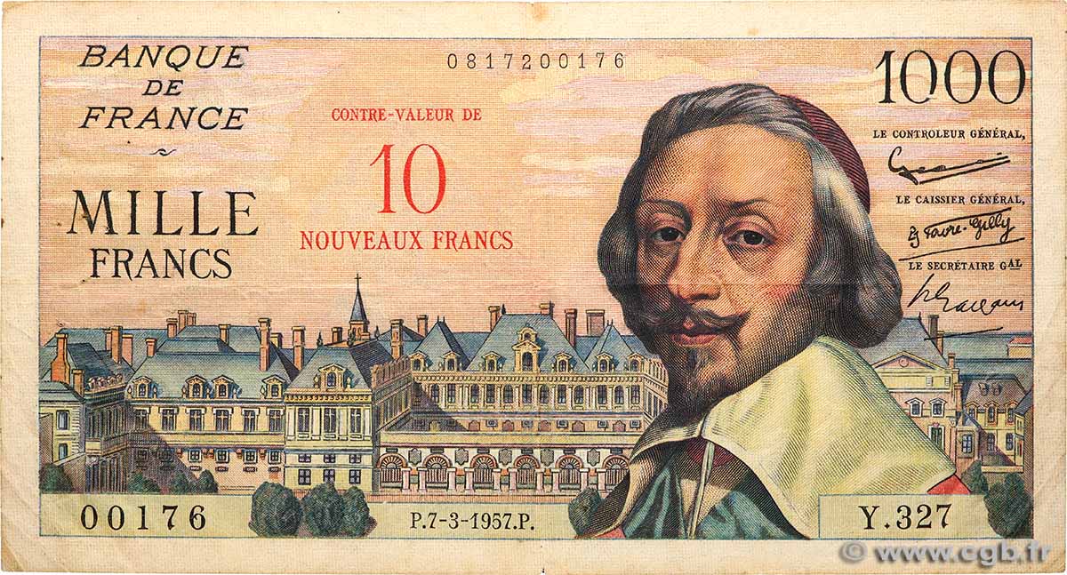 10 NF sur 1000 Francs RICHELIEU FRANCE  1957 F.53.01 TB+